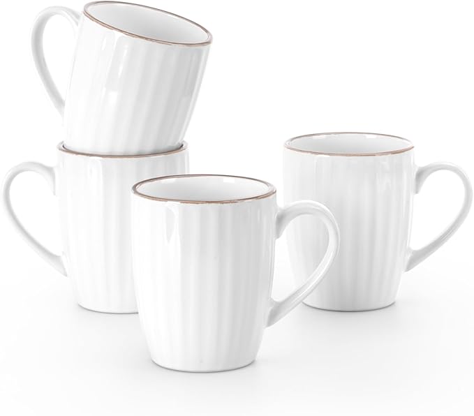 famiware Coffee Mugs Sets for 4, Eden 12 oz Mug Set, Coffee Cups with Handle for Coffee, Tea, Cocoa and Milk, Microwave and Dishwasher Safe, White Stripe
