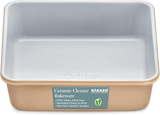 BAKKENMASTER Square Cake Pan - Aluminized Steel, Ceramic Non-Stick Coating, Non-Toxic, Ideal Size, Heavy-Duty, Elevate Your Baking with Durability and Style!