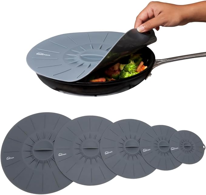 Microwave Cover Silicone Lids - Set of 5: 6, 8, 10, 12 and 13.8 inches - Suction Covers for Pots, Pans, Bowls, Cups, Skillets - Splatter Protection - Easy Food Storage - BPA Free