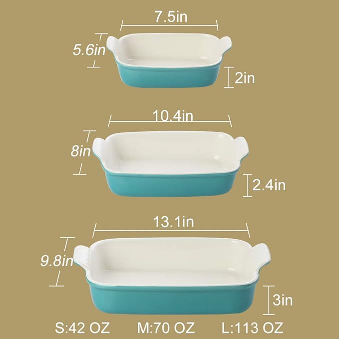 Sweejar Baking Pans Set, Ceramic 9x13 Baking Dish with Handle, Rectangular Casserole Dishes for Oven, Bakeware Sets of 3, Durable Lasagna Pan Deep for Kitchen, Banquet, Wedding Gift(Beige)
