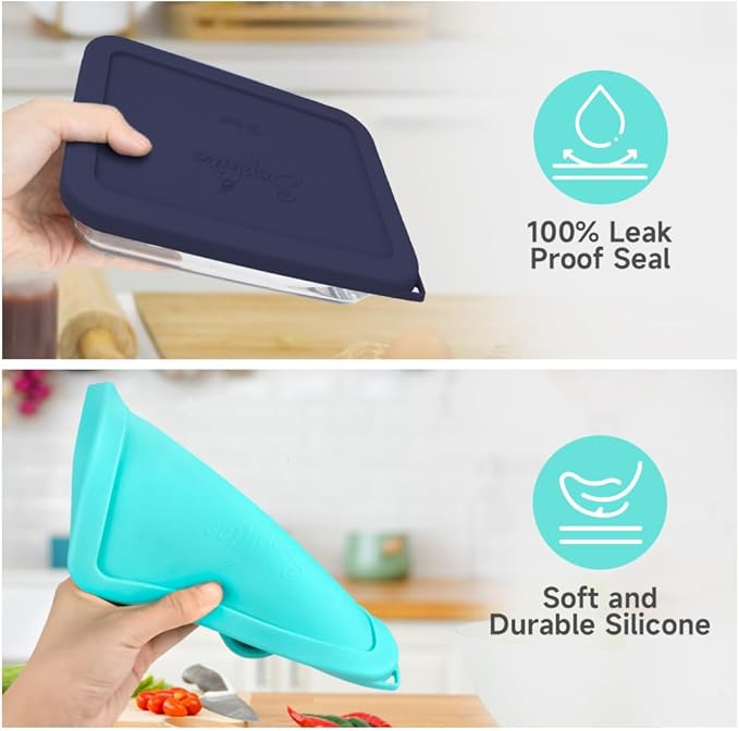 Sophico 3 Cup Rectangle Silicone Storage Cover Lids Replacement for Pyrex 7210-PC Glass Bowls, Container not Included (NAVY BLUE - MINT, 4 Pack)