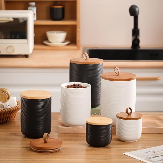 Comeon Ceramics Canister with Lid, Matcha Container Jar for Spice Sugar Tea Bag Coffee Canister Sets for Kitchen Counter with Bamboo Lid (Black three-piece set)