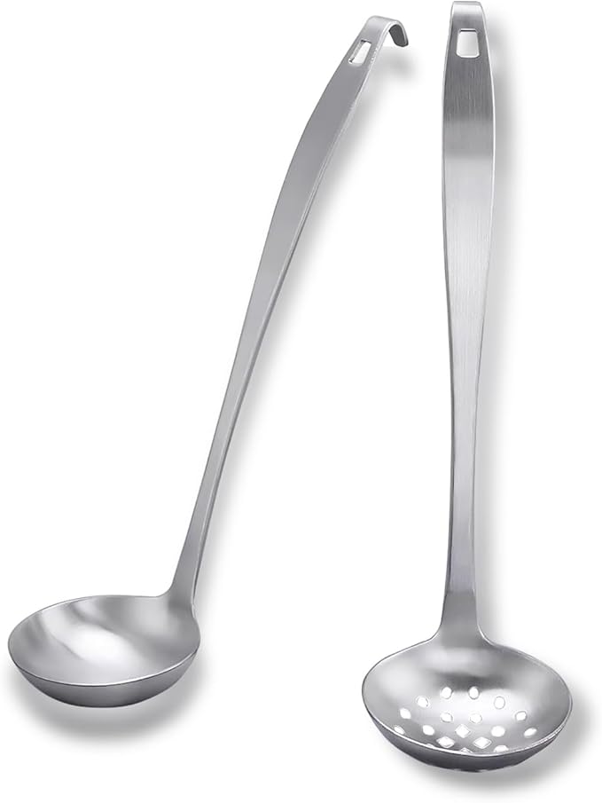 Stainless Steel Soup Ladle,Serving Ladle Scoop And Slotted Spoon Set Of 2 with Hook and Hole for Easy Hanging,Cooking Utensils Set for Kitchen