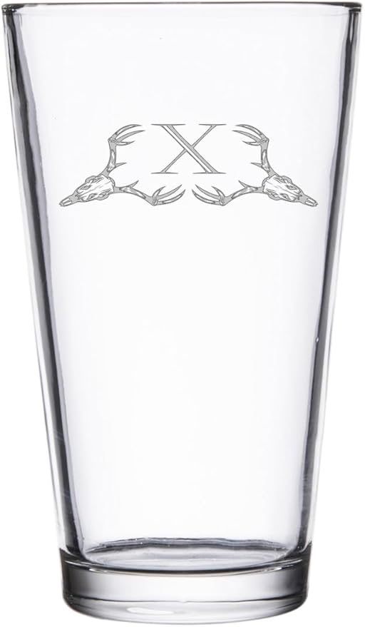 Hat Shark Deer Skull Letter Monogram Pint Beer Glass, 16 oz, Clear, A-Z Initials (1, Letter X)