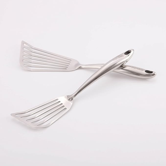 18/10 Stainless Steel Fish Spatula Set – 2 PCS All Metal Fish Spatula Turner, Shining Slotted Spatulas Set for Kitchen Use, Mirror Polished, Heavy-duty, Dishwasher Safe