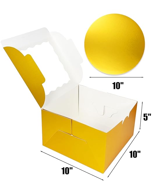 qiqee 10x10x5 Cake Box, 18 Sets Gold Cake Box with Window ＆ 18 Sets 10" Gold Cake Round Boards, 10inch Cake Containers