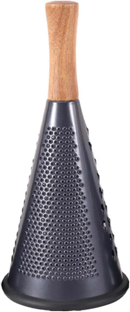 Cone Cheese Grater with Handle Stainless Steel Grater Triple Function Wood Handle Shredder Non-Slip Rubber Bottom Hand Held Multifunction Vegetables Grater Black 4-Size (Size L: 10.6" X 4.7" Black)