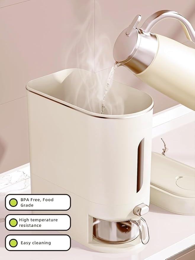 Rice Dispenser Cereal Dry Food Storage Containers with Measuring Cup and Water Filter Cover,Moisture Proof Airtight Food Dispenser Bucket for Rice,Corn,Coffee Bean,Grain,Soybean and Oatmeal,White,12LB