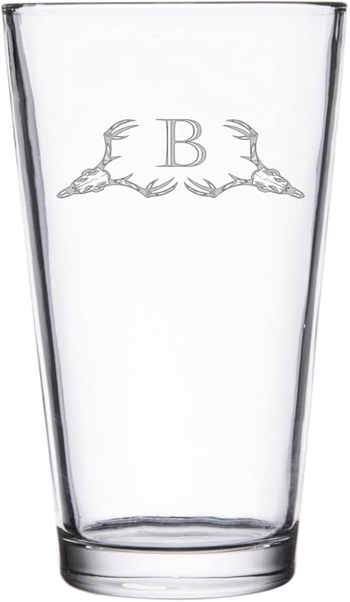Hat Shark Deer Skull Letter Monogram Pint Beer Glass, 16 oz, Clear, A-Z Initials (1, Letter B)
