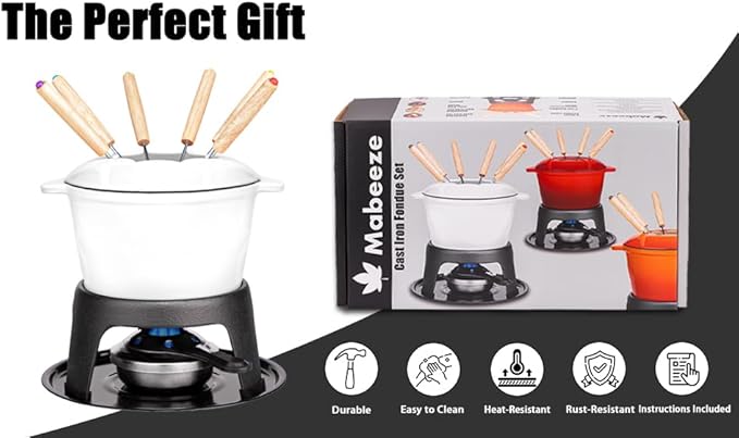 Mabeeze Cast Iron Fondue Pot Set for Cheese, Chocolate or Meat - White Enameled 1.6 Qt Pot - Includes 6 Fondue Forks