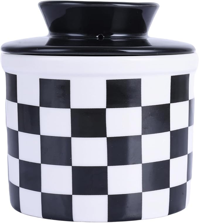 Checkered Butter Crock with Lid,Ceramic Butter Keeper for Countertop, Black And White French Butter Crock