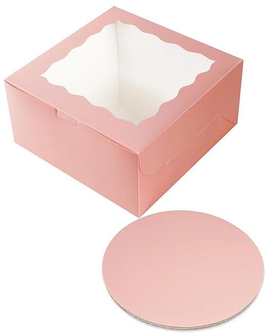 qiqee 10x10x5 Cake Box, 18 Sets Pink Cake Box with Window ＆ 18 Sets 10" Pink Cake Round Boards, 10inch Cake Containers