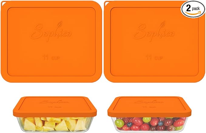 Sophico 11 Cup Rectangle Silicone Storage Cover Lids Replacement for Pyrex 7212-PC Glass Bowls, Container not Included (ORANGE-2PACK)