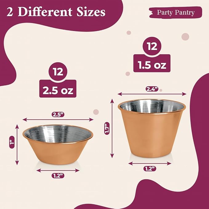 24 pcs Rose Gold Copper Stainless Steel Condiment Small Sauce Cups - Round Ramekin Dipping Ramiken, Commercial Grade Metal Condiment for Ketchup, Soy Sauce, Vinegar, Butter
