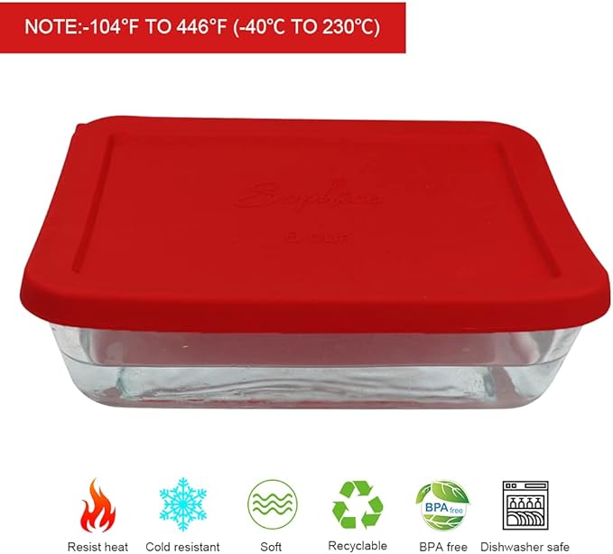 Sophico 6 Cup Rectangle Silicone Storage Cover Lids Replacement for Pyrex 7211-PC Glass Bowls, Container not Included (Red)