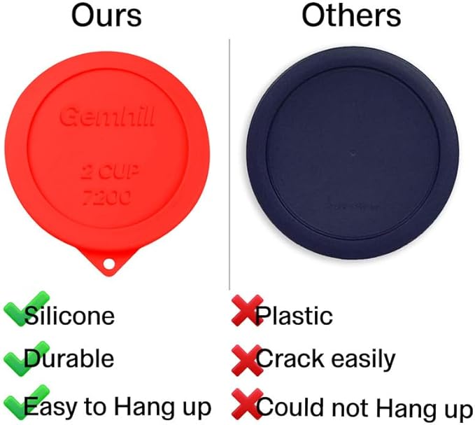 2 Cup Silicone Storage Cover Lids Replacements for Round Anchor Hocking Glass Bowls and Pyrex 7200-PC Glass Bowls |Container not Included|(Red, 4 Pack)