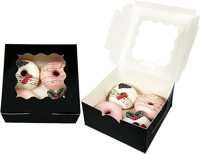Bakepacker Black 30-Packs Bakery Boxes with Window 6x6x3 inches Thick & Sturdy Macaroon Pastry Boxes Cookie Boxes for Bakerys