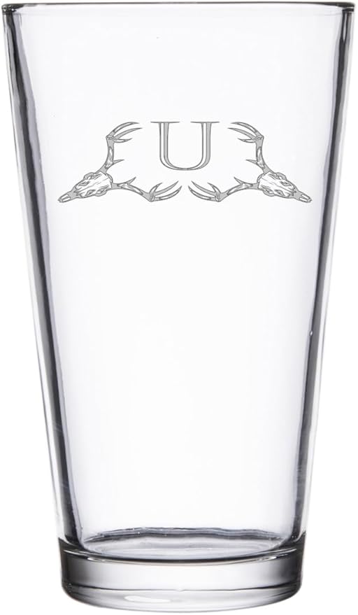 Hat Shark Deer Skull Letter Monogram Pint Beer Glass, 16 oz, Clear, A-Z Initials (1, Letter U)