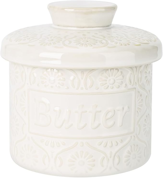 Butter Crock with Water Line, Ceramic Butter Keeper for Counter, French Butter Dish with Lid for Spreadable Fresh Butter (Vintage White)