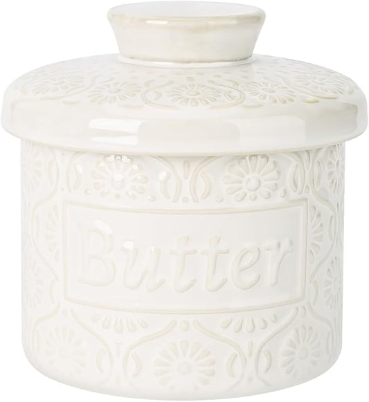 Butter Crock with Water Line, Ceramic Butter Keeper for Counter, French Butter Dish with Lid for Spreadable Fresh Butter (Vintage White)