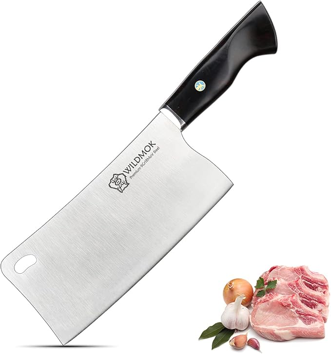 WILDMOK Chopping Knife, 7.3 Inch Meat Cleaver Knife, Thickened Blade for Bones Chopper, 9Cr18MoV Stainless Steel with Ebony Wood Handle - Fen Series