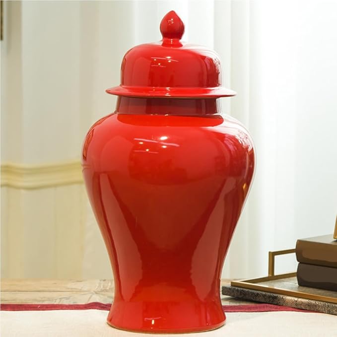 Solid Red Ceramic Ginger Jar with Lid for Home DecorTradition Flower Vase Chinoiserie Jar Porcelain Temple Jars Vase Decor for Centerpiece TableLiving Room Decor B
