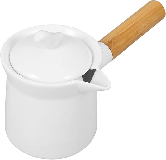 Ceramic Milk Pot with Wooden Handle 350Ml Mini Butter Warmer for Sauces Cream and Milk Ideal for Home Use