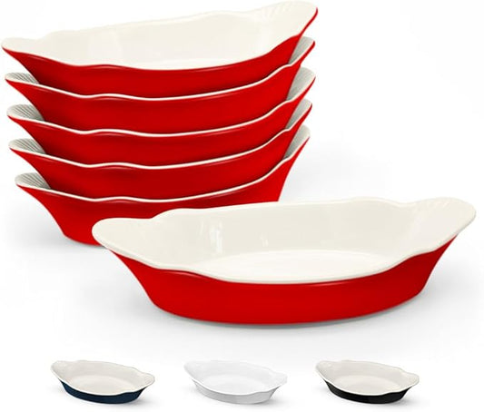 Au Gratin Baking Dishes, by Kook, Mini Casserole Dish, Set of 6, for Banana Split, Oven and Microwave Safe, Dishwasher Safe, Ceramic Serving Dishes, Lasagna & Cobblers, Individual Serving, 12 oz (Cherry Red)
