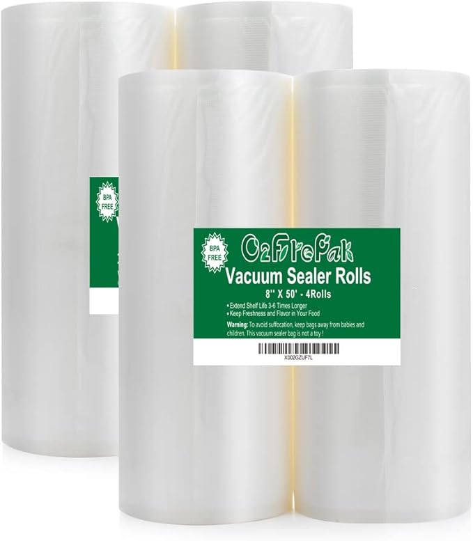 O2frepak 4Pack 8x50 Rolls (Total 200Feet) Vacuum Sealer Bags Rolls with BPA Free,Heavy Duty Vacuum Sealer Storage Bags Rolls,Cut to Size Roll,Great for Sous Vide