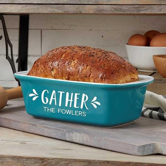 Personalization UniversePersonalized Gather & Gobble Ceramic Loaf Pan, Hand-Glazed Stoneware Baking Dish for Homemade Bread, Meatloaf, 1.5 Quart Capacity, Oven Safe - Turquoise