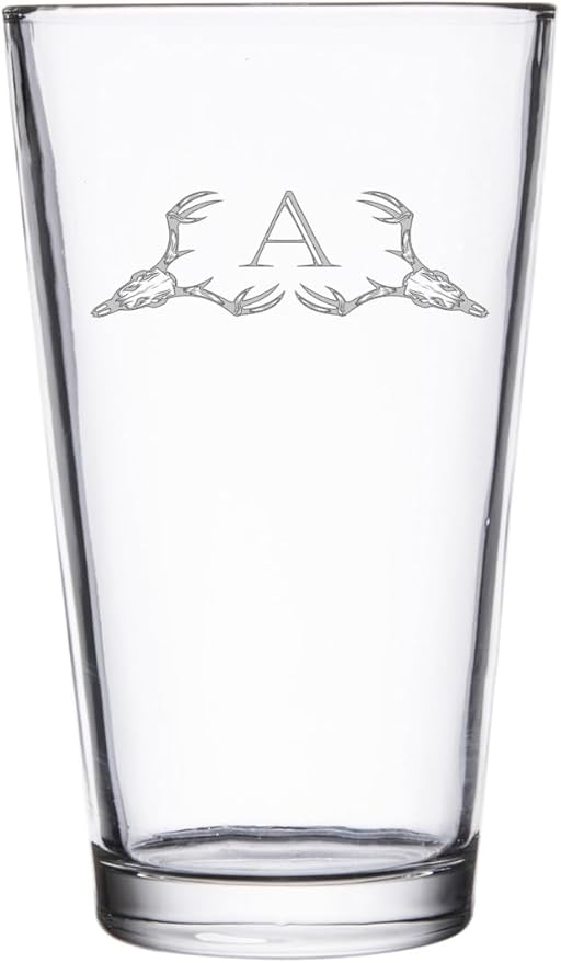 Hat Shark Deer Skull Letter Monogram Pint Beer Glass, 16 oz, Clear, A-Z Initials (1, Letter A)