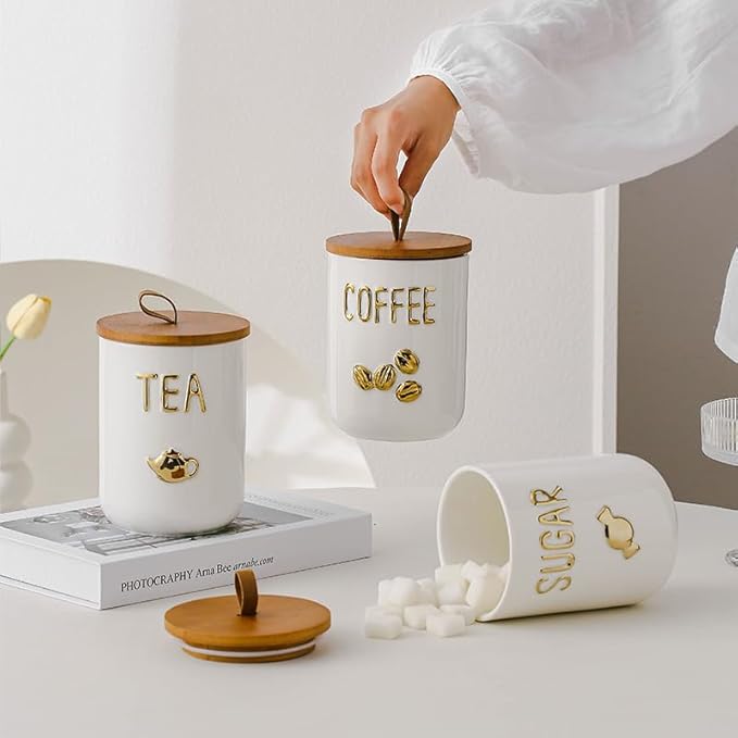 Comeon Ceramic Canister Set with Airtight Seal Bamboo Lid Silicone, 27oz Food Storage Jars for Coffee Sugar Tea, Container Set for Kitchen Pantry Counter Decor (Three Piece)