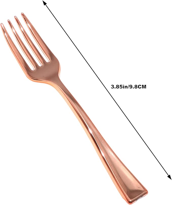 24PCS 9.8cm Disposable Rose Gold Mini Fork Mini Plastic Tasting Forks Disposable Mini Fork Fruit Dessert Pudding Fork for Appetizer Desserts Cocktail Cake Fruit Wedding Party