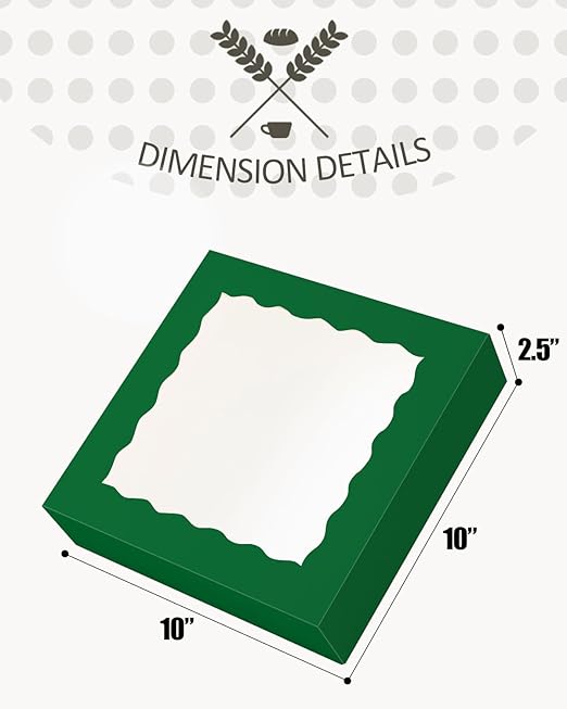 qiqee Auto-pop up Deep Green Pie Boxes with Window 10x10x2.5 inch 30Packs Cookie Donut Bakery Box