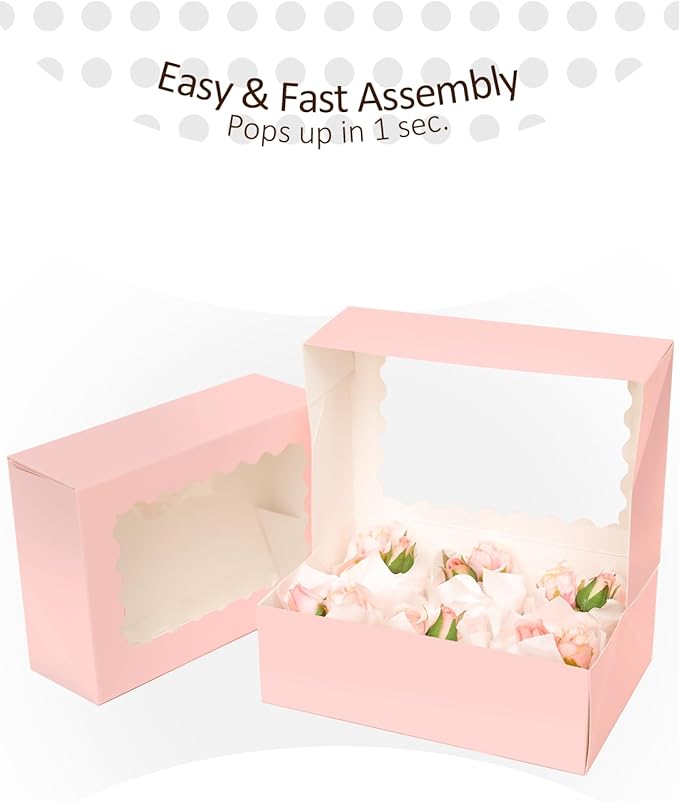 qiqee Pink Auto-pop up 6 Cupcake Boxes with Window 30 Packs Cupcake Box 9"x6.1"x3.3" Bakery Boxes For Cupcakes Carrier, Cupcake Containers