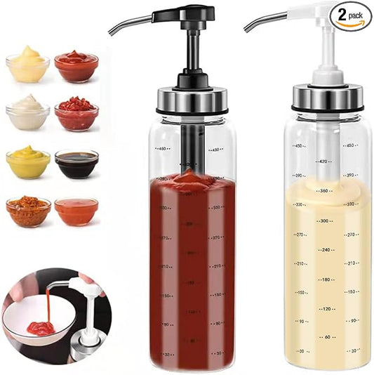 Condiment Press Bottles, Coffee Syrup Pump Dispenser- No Drip, Glass Pump Dispenser 17 OZ, Dispenser Great for Ketchup, Salad, BBQ Sauce,Honey, Oyster Sauce, Oil.(2 Pack)