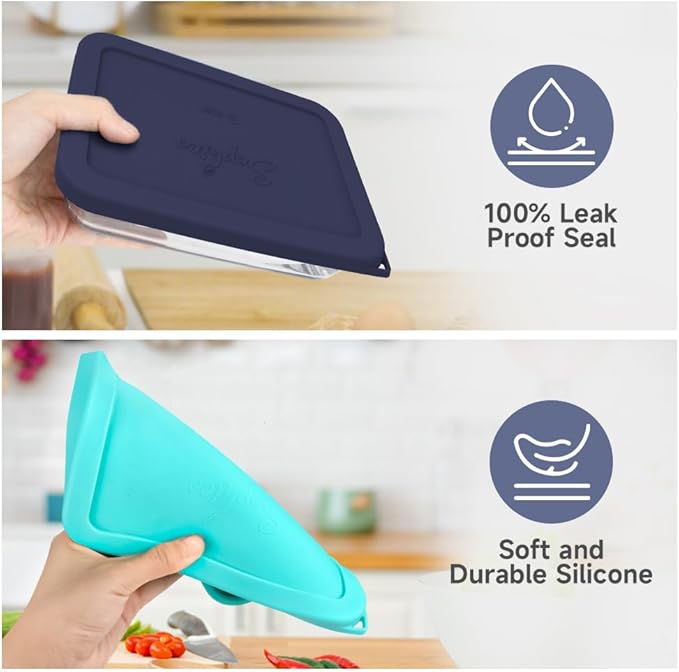 Sophico 3 Cup Rectangle Silicone Storage Cover Lids Replacement for Pyrex 7210-PC Glass Bowls, Container not Included (NAVY BLUE, 2 Pack)
