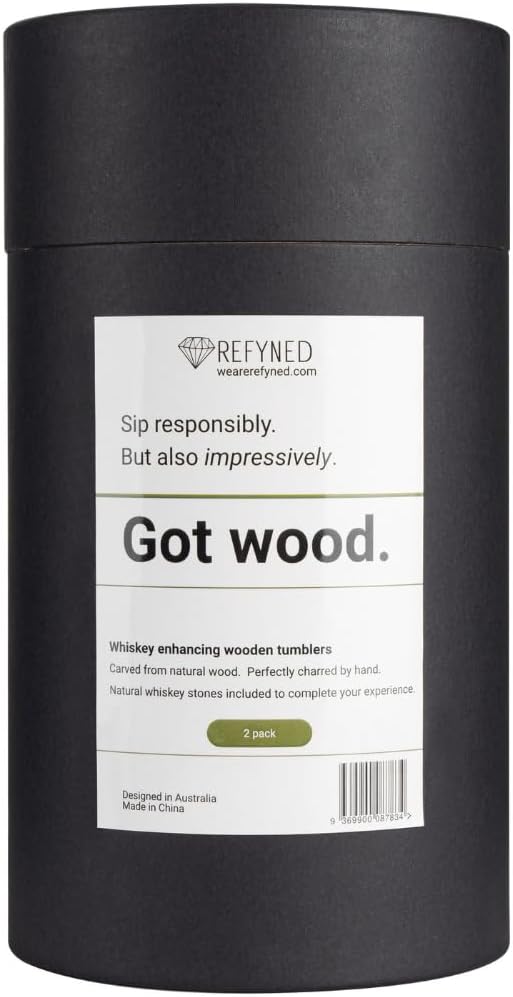 Whiskey Enhancing Charred Wooden Tumbler 2 Set, Chilling Stones & Cocktail eBook | Bourbon Drinking Glass Bourbon Gifts for Men | Wooden Old Fashioned Glass | Gifts for Men Who Have Everything
