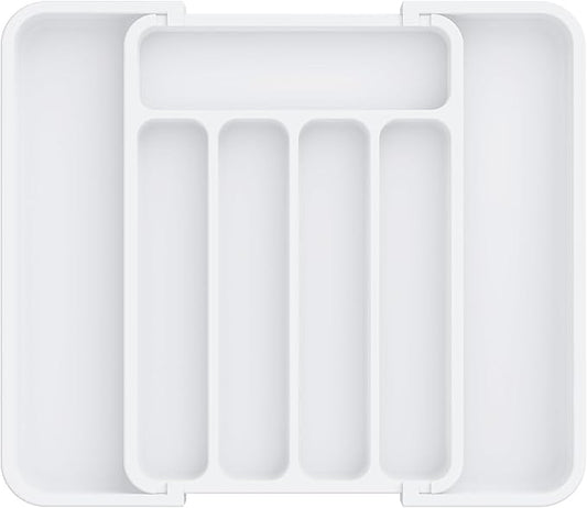 Aujen Silverware Organizer - Expandable Kitchen Drawer Organizer, Adjustable Utensil Organizer, Cutlery Tray for Forks, Knives, Multipurpose Kitchen Organizers and Storage Solution, White, Medium