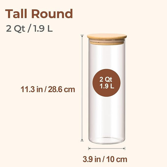 ComSaf Glass Spaghetti Pasta Storage Container with Lids 2 Qt Set of 3, Tall Clear Airtight Food Storage Jar with Wood Cover Kitchen Pantry Storage Container for Noodles Flour Cereal Coffee Beans