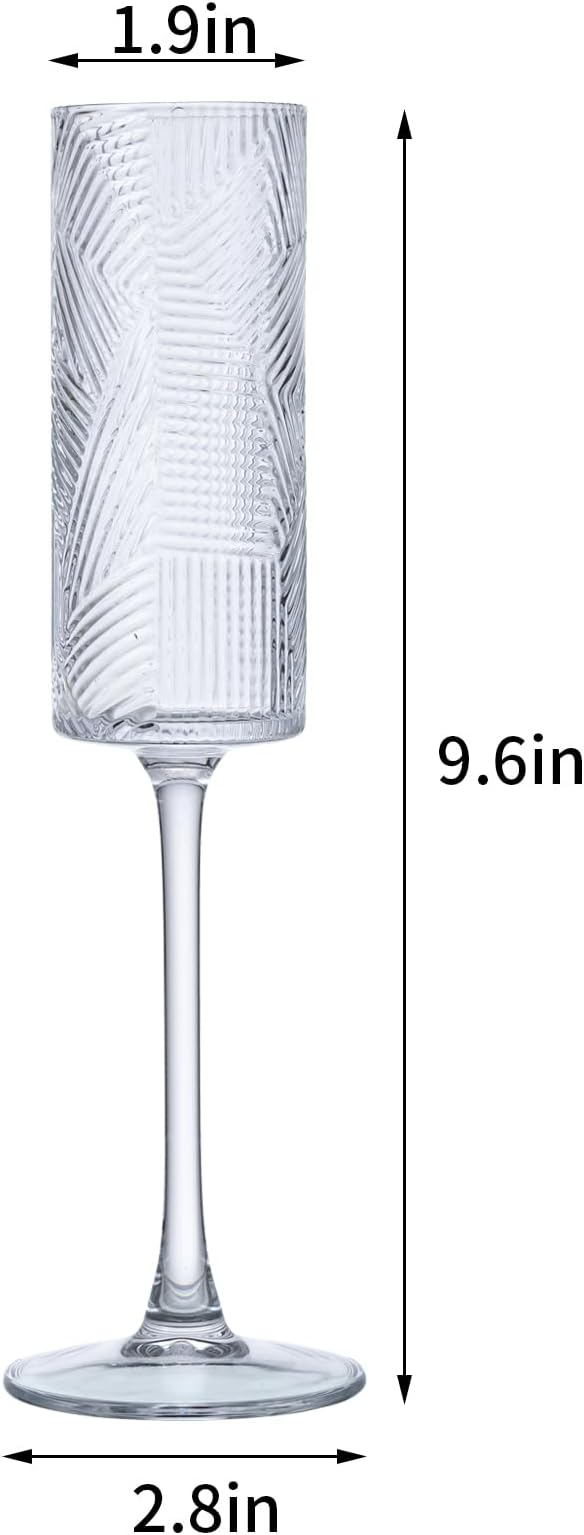 6 Pieces Clear Champagne Flutes,6 OZ Twill Pattern Striped Vintage Stem Glasses Stemware Wine Glasses Champagne Long Stem Drinking Colored Glasses Goblets for Wedding Cocktail Cups,Cava, Prosecco