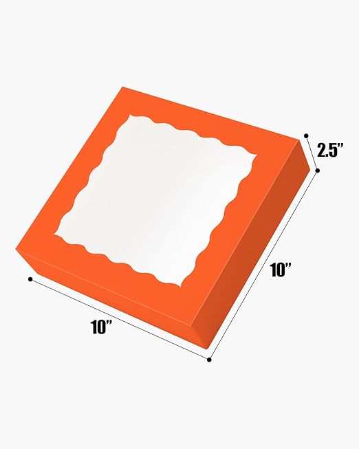 qiqee Auto-pop Up Orange Pie Boxes with Window 10x10x2.5 inch 30Packs Cookie Donut Bakery Box