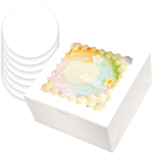qiqee White 8x8x5 Cake Box, 4 Sets White Cake Box with Window ＆ 4 Sets 8" White Cake Round Boards, 8inch Cake Containers