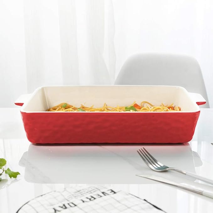 4 QT Baking Dish, Casserole Dishes for Oven, 9x13 Baking Pan with Handles, Lasagna Pan Deep, Ceramic Casserole Dish Oven Safe for Baking, Lasagna, Kitchen, Wedding Gift (Red)