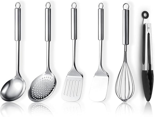 Stainless Steel Cooking Utensils Set 6 Pieces, Kitchen Tools Set Include Metal Spatula Set, Skimmer, Ladle, Tong, Whisk, Kitchen Gadgets Essentials New Home Must Have