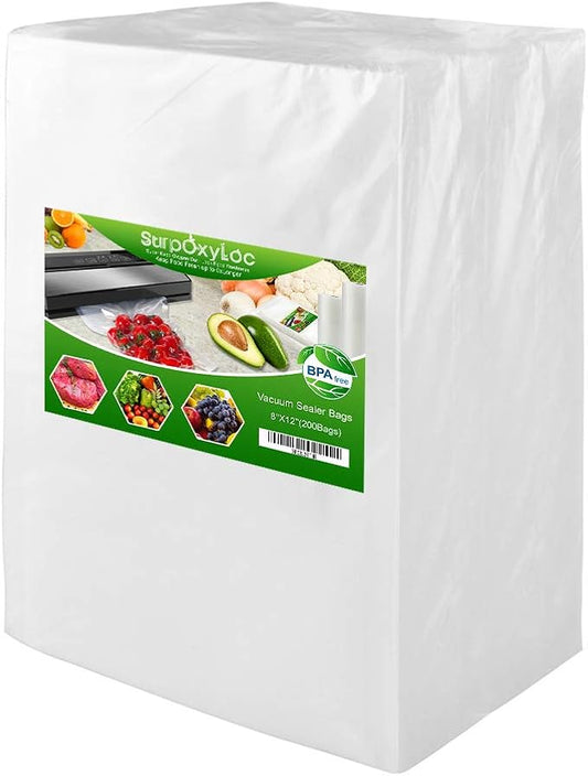 SurpOxyLoc 200 Quart Size 8"x12" Vacuum Freezer Sealer Bags for Food,BPA Free, Heavy Duty Commercial Grade,Sous Vide Vaccume Safe,Universal Design Pre-Cut Bag and Work with Any Types Vacuum Sealer