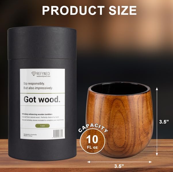 Whiskey Enhancing Charred Wooden Tumbler 2 Set, Chilling Stones & Cocktail eBook | Bourbon Drinking Glass Bourbon Gifts for Men | Wooden Old Fashioned Glass | Gifts for Men Who Have Everything