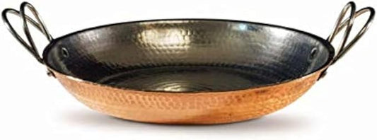 Sertodo Copper Alicante Paella style Cooking/Serving Pan, 10 Inch Diameter, Pure Copper, Heavy Gauge, Hand Hammered, Patented Stainless Steel Handles