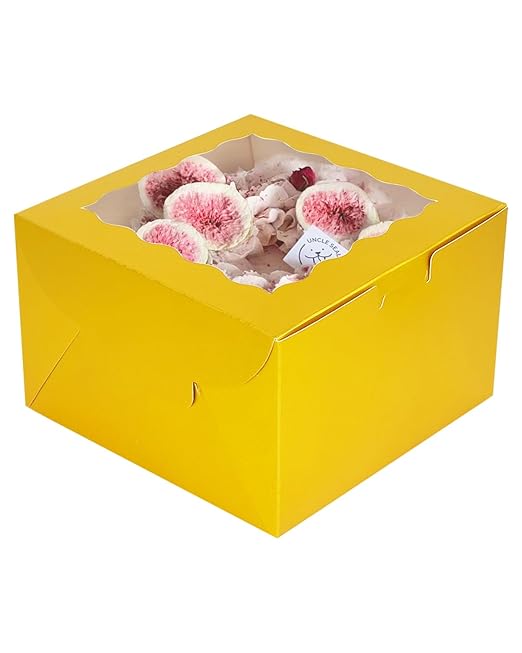 qiqee 10x10x5 Cake Box, 18 Sets Gold Cake Box with Window ＆ 18 Sets 10" Gold Cake Round Boards, 10inch Cake Containers
