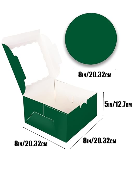 qiqee 8x8x5 Cake Box, 18 Sets Green Cake Box with Window ＆ 18 Sets 8" Green Cake Round Boards, 8inch Cake Containers